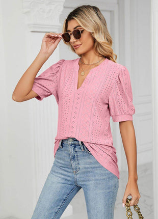 Eyelet Short Puff Sleeve Notched Neck Top - MimiStylez