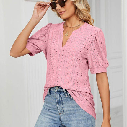 Eyelet Short Puff Sleeve Notched Neck Top - MimiStylez
