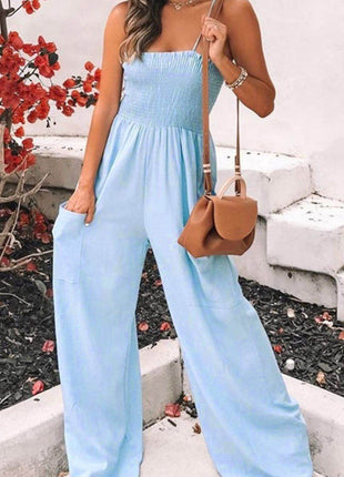 Smocked Spaghetti Strap Wide Leg Jumpsuit - MimiStylez