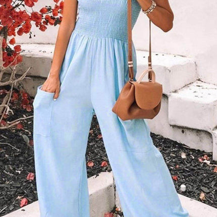 Smocked Spaghetti Strap Wide Leg Jumpsuit - MimiStylez