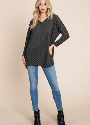 BOMBOM Checkered Long Sleeve V-Neck T-Shirt - MimiStylez