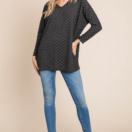 BOMBOM Checkered Long Sleeve V-Neck T-Shirt - MimiStylez