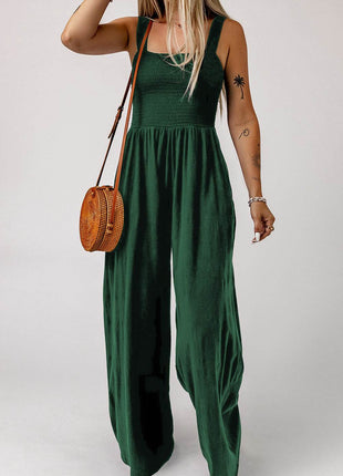 Smocked Square Neck Wide Leg Jumpsuit with Pockets - MimiStylez
