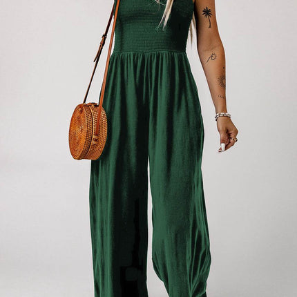 Smocked Square Neck Wide Leg Jumpsuit with Pockets - MimiStylez