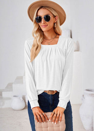 Square Neck Ruched Long Sleeve Blouse - MimiStylez