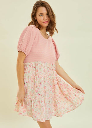 HEYSON Full Size Round Neck Floral Ruffle Hem Mini Dress - MimiStylez