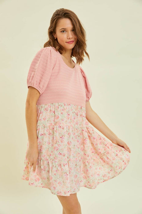 HEYSON Full Size Round Neck Floral Ruffle Hem Mini Dress - MimiStylez