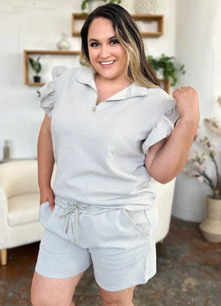 Double Take Full Size Texture Flounce Sleeve Top and Drawstring Shorts Set - MimiStylez