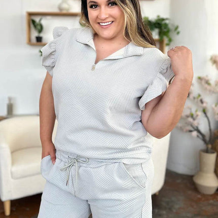 Double Take Full Size Texture Flounce Sleeve Top and Drawstring Shorts Set - MimiStylez
