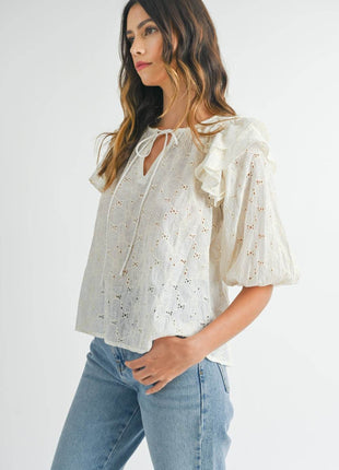 MABLE Eyelet Lace Ruffle Shoulder Puff Sleeve Blouse - MimiStylez