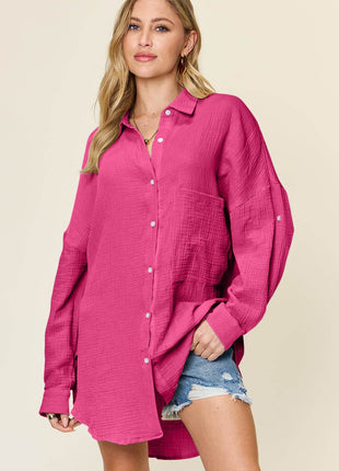 Double Take Full Size Pocketed Texture Button Up Shirt - MimiStylez