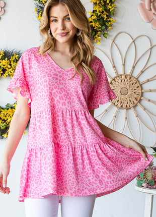 Heimish Full Size Leopard Ruffle Trim Short Sleeve Top - MimiStylez