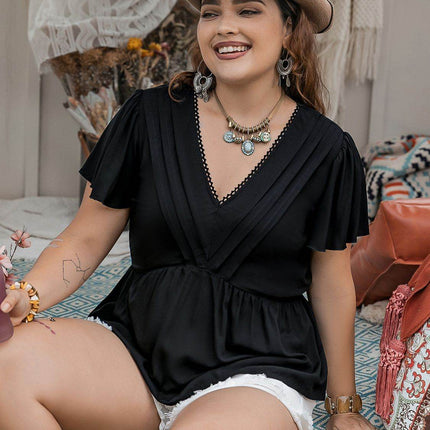Plus Size V-Neck Flutter Sleeve Blouse - MimiStylez
