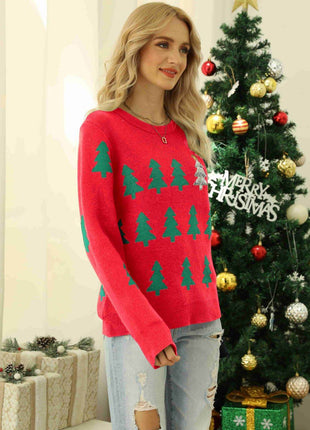 Christmas Tree Round Neck Ribbed Trim Sweater - MimiStylez