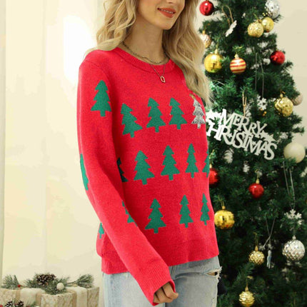 Christmas Tree Round Neck Ribbed Trim Sweater - MimiStylez