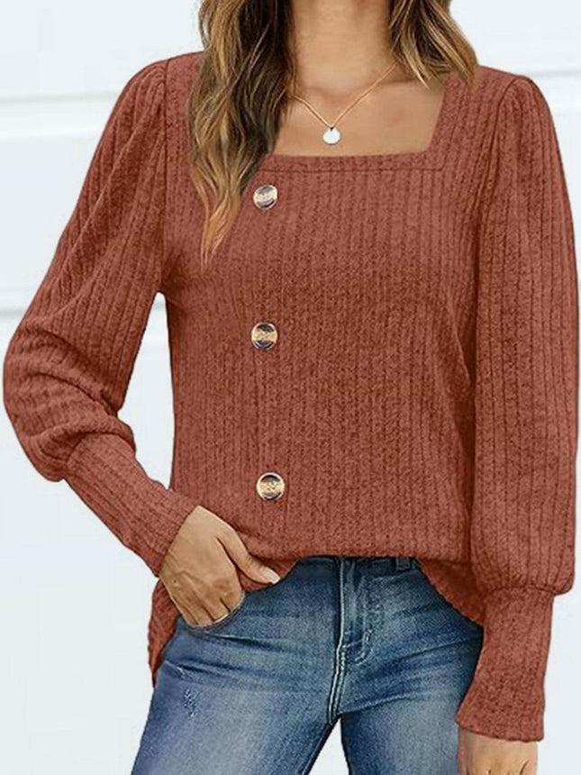 Decorative Button Square Neck Top - MimiStylez