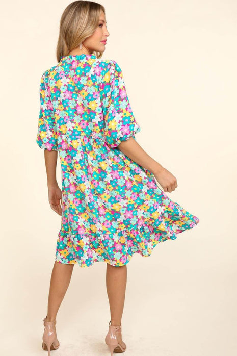 Haptics Bubble Sleeve Floral Ruffled Dress - MimiStylez