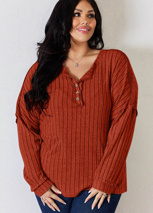 Basic Bae Full Size Ribbed Half Button Long Sleeve T-Shirt - MimiStylez