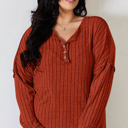 Basic Bae Full Size Ribbed Half Button Long Sleeve T-Shirt - MimiStylez