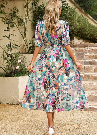 Printed Puff Sleeve Midi Dress - MimiStylez