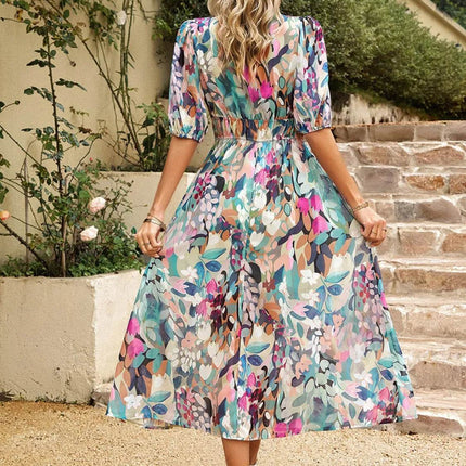 Printed Puff Sleeve Midi Dress - MimiStylez