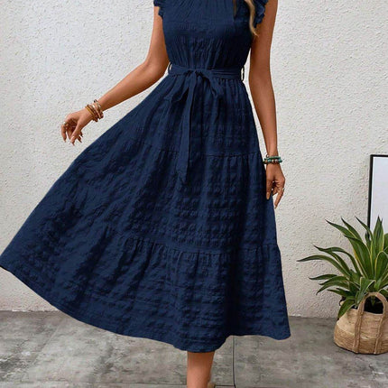 Tied Ruffled Cap Sleeve Midi Dress - MimiStylez