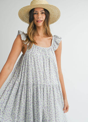 MABLE Floral Ruffle Shoulder Tiered Midi Dress - MimiStylez