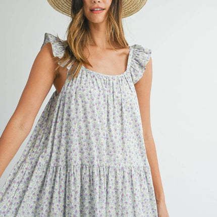 MABLE Floral Ruffle Shoulder Tiered Midi Dress - MimiStylez
