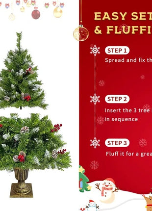 4PC Pre-lit Xmas Tree Artificial Christmas Set - Includes Garland, Wreath And Set Of 2 Entrance Trees