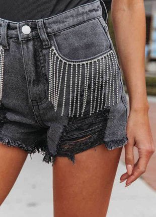 Distressed Fringe Denim Shorts with Pockets - MimiStylez