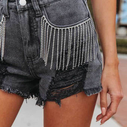 Distressed Fringe Denim Shorts with Pockets - MimiStylez
