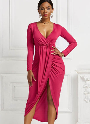 High-low Ruched Surplice Long Sleeve Dress - MimiStylez