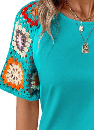 Geometric Round Neck Short Sleeve Blouse - MimiStylez