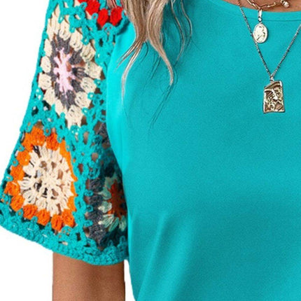 Geometric Round Neck Short Sleeve Blouse - MimiStylez