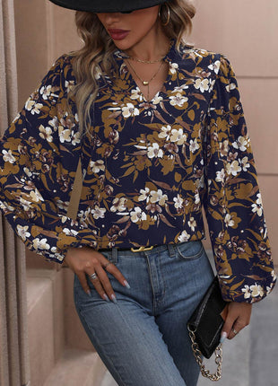 Floral Notched Balloon Sleeve Blouse - MimiStylez