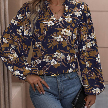 Floral Notched Balloon Sleeve Blouse - MimiStylez