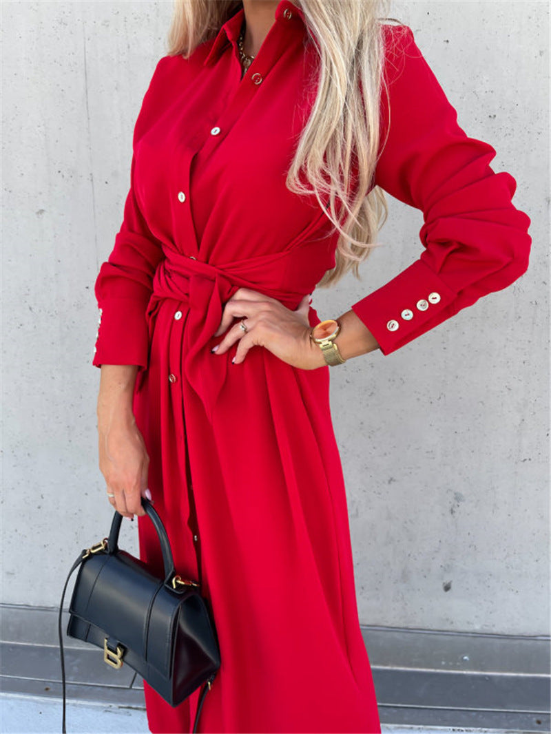 Women's Clothing Autumn And Winter Color Cardigan Long Sleeve Big Hem Dress