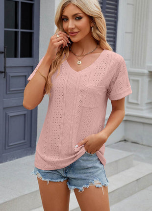 Eyelet V-Neck Short Sleeve T-Shirt - MimiStylez