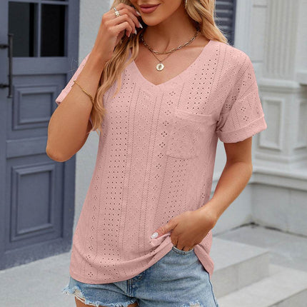 Eyelet V-Neck Short Sleeve T-Shirt - MimiStylez