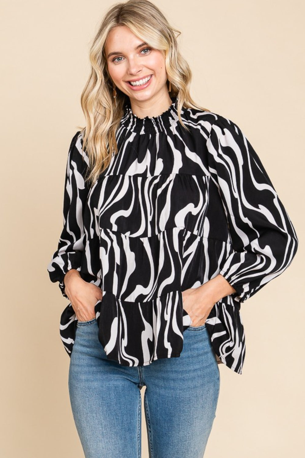 Culture Code Printed Smock Neck Tiered Blouse