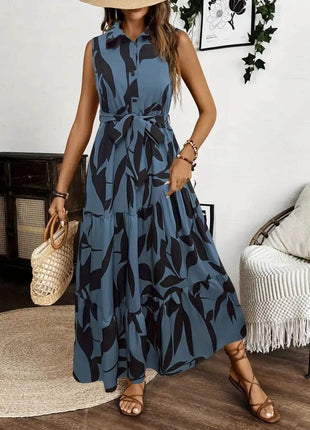 Printed Tie Waist Sleeveless Maxi Dress - MimiStylez