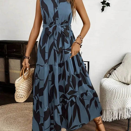 Printed Tie Waist Sleeveless Maxi Dress - MimiStylez