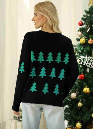 Christmas Tree Round Neck Ribbed Trim Sweater - MimiStylez