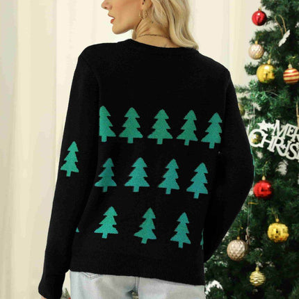 Christmas Tree Round Neck Ribbed Trim Sweater - MimiStylez