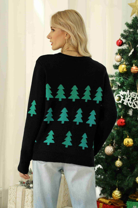 Christmas Tree Round Neck Ribbed Trim Sweater - MimiStylez