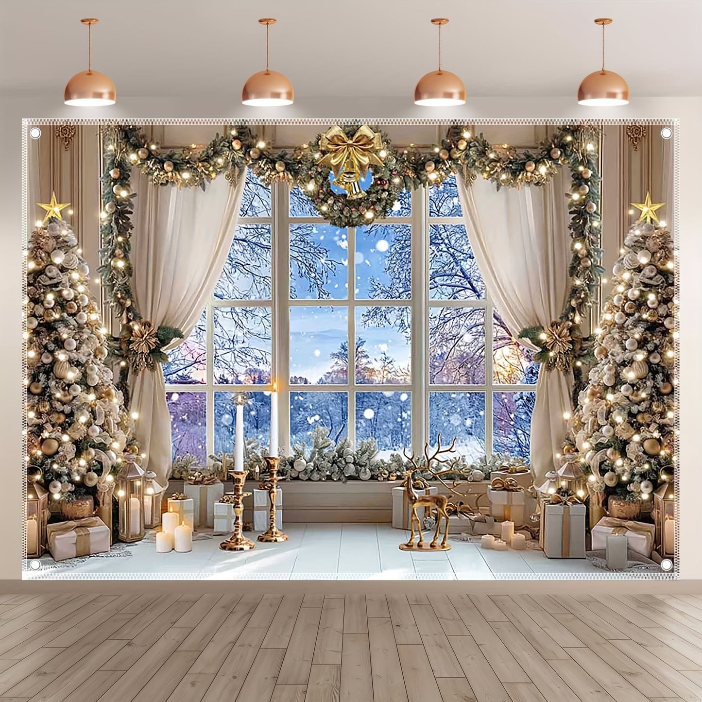 UUFelice Premium Polyester Christmas Backdrop - 7x5ft/8x6ft/10x8ft, Winter Snow Scene with Xmas Tree & Deer, Star of Bethlehem Theme for Indoor/Outdoor Holiday Decorations and Photo Booths, Easy Hang with Grommets, Machine Washable