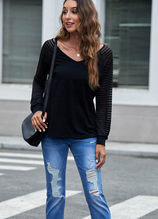 Sheer Striped V-Neck Top - MimiStylez