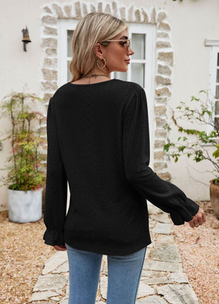 Eyelet Lace Trim Flounce Sleeve Blouse - MimiStylez