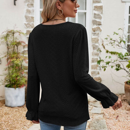 Eyelet Lace Trim Flounce Sleeve Blouse - MimiStylez