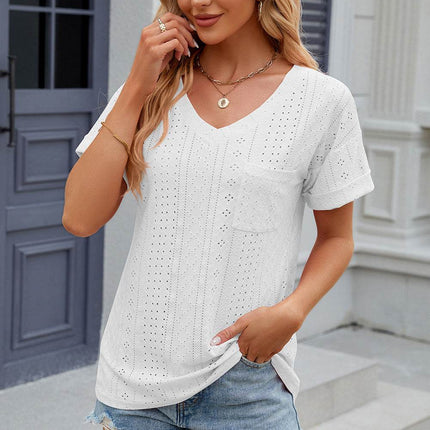 Eyelet V-Neck Short Sleeve T-Shirt - MimiStylez